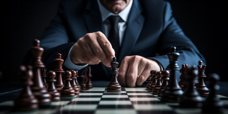 A person in a business suit making a move in a game of chessの素材
