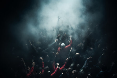 A crowd of people reaching upwards in a misty, eerie atmosphereの素材