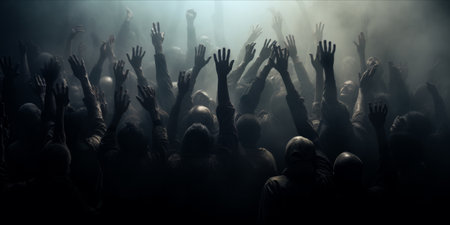 A crowd of people reaching upwards in a misty, eerie atmosphereの素材