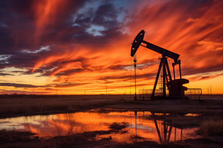 Oil pump jack with a sunset backdrop and electricity pylonsの素材