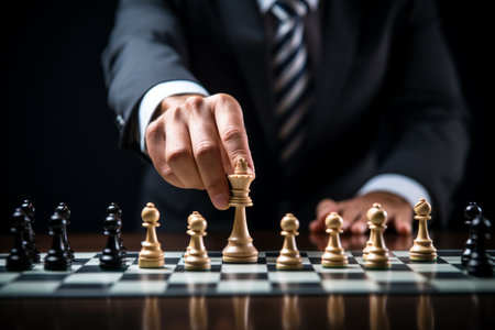 A person in a business suit making a move in a game of chessの素材