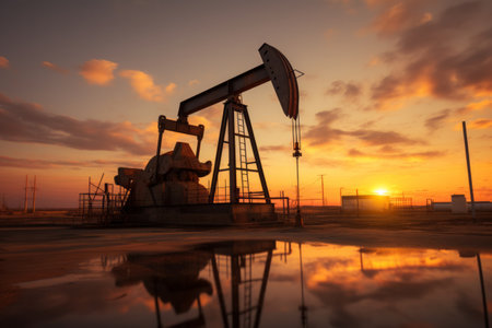 Oil pump jack with a sunset backdrop and electricity pylonsの素材