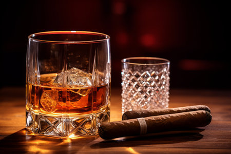 Whiskey in a crystal glass next to a cigar on a wooden surface with a warm bokeh backgroundの素材