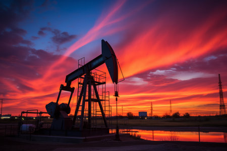 Oil pump jack with a sunset backdrop and electricity pylonsの素材