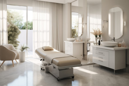 Interior of a modern, bright beauty salon with treatment bedの素材