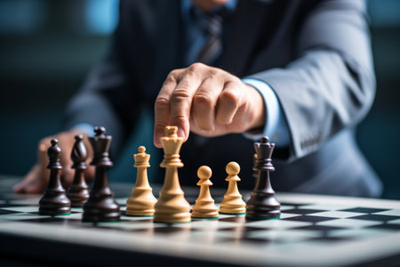 A person in a business suit making a move in a game of chessの素材