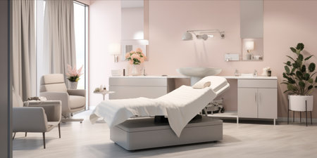Interior of a modern, bright beauty salon with treatment bedの素材