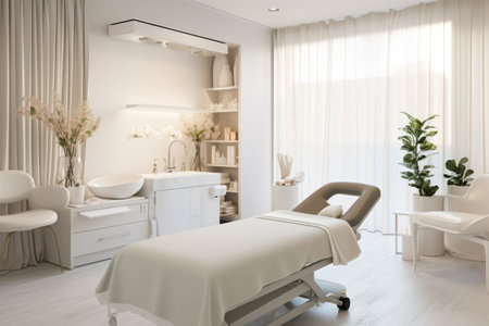 Interior of a modern, bright beauty salon with treatment bedの素材