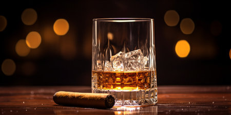 Whiskey in a crystal glass next to a cigar on a wooden surface with a warm bokeh backgroundの素材