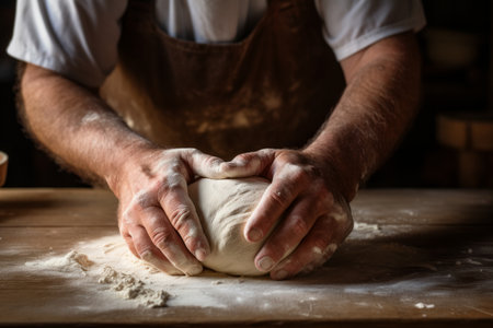 Close up of a baker hands kneading dough on a wooden surfaceの素材