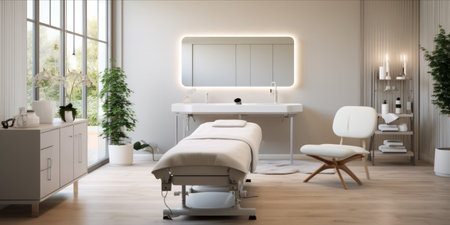 Interior of a modern, bright beauty salon with treatment bedの素材