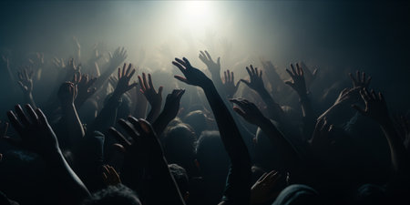 A crowd of people reaching upwards in a misty, eerie atmosphereの素材