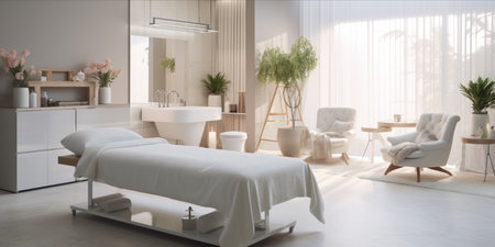 Interior of a modern, bright beauty salon with treatment bedの素材