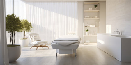 Interior of a modern, bright beauty salon with treatment bedの素材