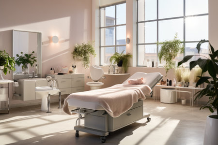Interior of a modern, bright beauty salon with treatment bedの素材