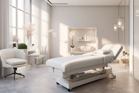 Interior of a modern, bright beauty salon with treatment bedの素材