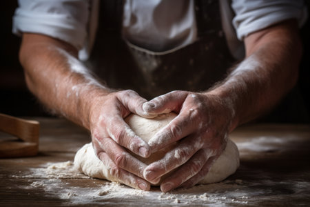 Close up of a baker hands kneading dough on a wooden surfaceの素材