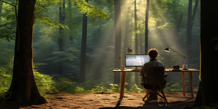 A person working on a laptop at a desk in a sunlit forestの素材
