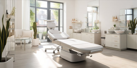 Interior of a modern, bright beauty salon with treatment bedの素材