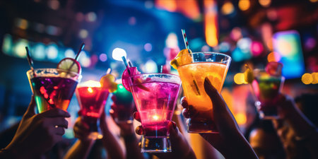 People toasting with colorful cocktails at a festive gatheringの素材