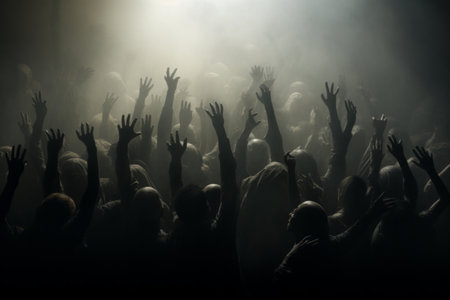 A crowd of people reaching upwards in a misty, eerie atmosphereの素材