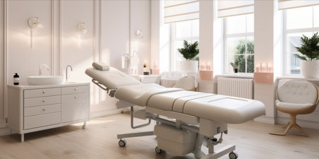Interior of a modern, bright beauty salon with treatment bedの素材