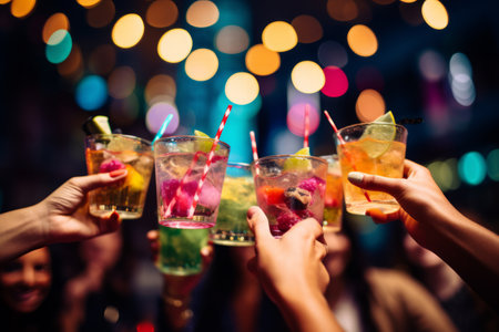 People toasting with colorful cocktails at a festive gatheringの素材