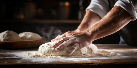 Close up of a baker hands kneading dough on a wooden surfaceの素材