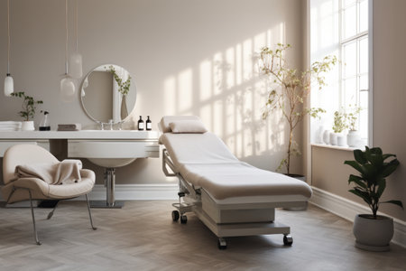 Interior of a modern, bright beauty salon with treatment bedの素材