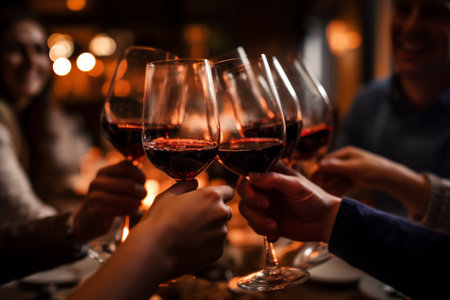 A group of friends toasting with red wine in a cozy restaurantの素材