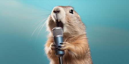 A prairie dog singing into a vintage microphone.の素材