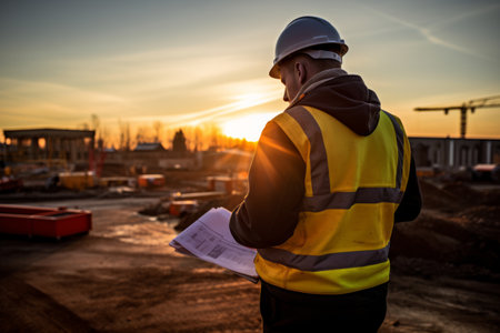 Construction supervisor inspecting work with clipboard at sunset.の素材