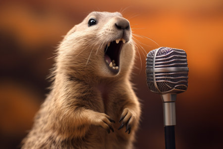 A prairie dog singing into a vintage microphone.の素材