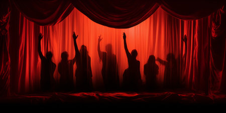 Silhouettes of people with raised hands behind a red curtainの素材