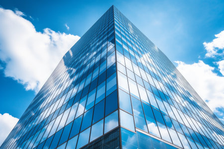 Reflective glass facade of a skyscraper against a blue sky with clouds.の素材