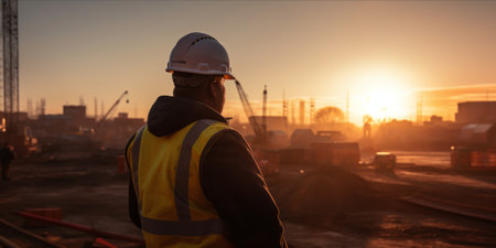 Construction supervisor inspecting work with clipboard at sunset.の素材