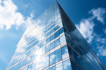 Reflective glass facade of a skyscraper against a blue sky with clouds.の素材