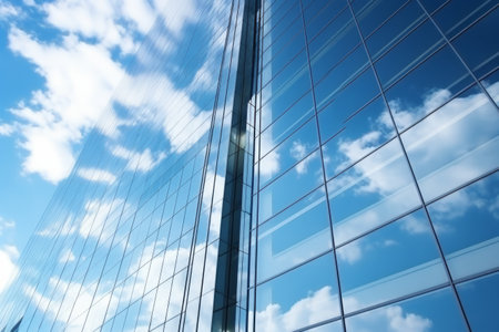 Reflective glass facade of a skyscraper against a blue sky with clouds.の素材