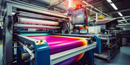 Industrial textile printer producing colorful fabric.の素材