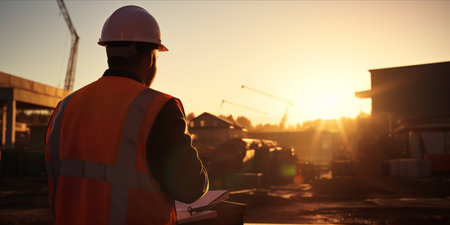 Construction supervisor inspecting work with clipboard at sunset.の素材