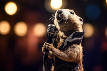 A prairie dog singing into a vintage microphone.の素材