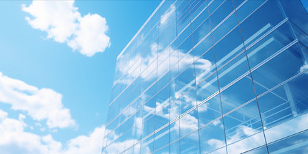 Reflective glass facade of a skyscraper against a blue sky with clouds.の素材