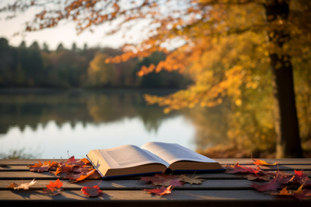 Open book and autumn leaves on a bench with a lake and trees in the backgroundの素材