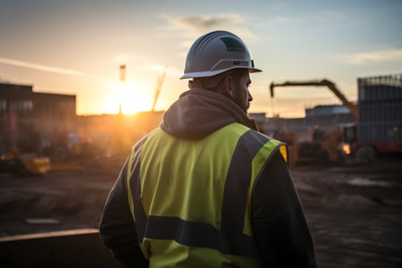 Construction supervisor inspecting work with clipboard at sunset.の素材