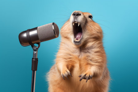 A prairie dog singing into a vintage microphone.の素材