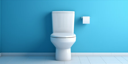 Minimalist setup of a white toilet against a blue background with toilet paper on the side.の素材