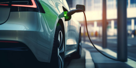 Electric vehicle being charged at a charging station.の素材