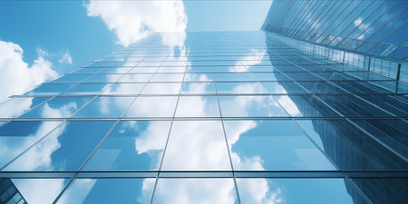 Reflective glass facade of a skyscraper against a blue sky with clouds.の素材