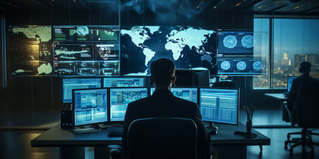 Operators monitoring screens in a high tech surveillance room with a world map.の素材