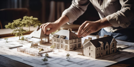 Architectural model of a house being adjusted by a person over blueprints.の素材